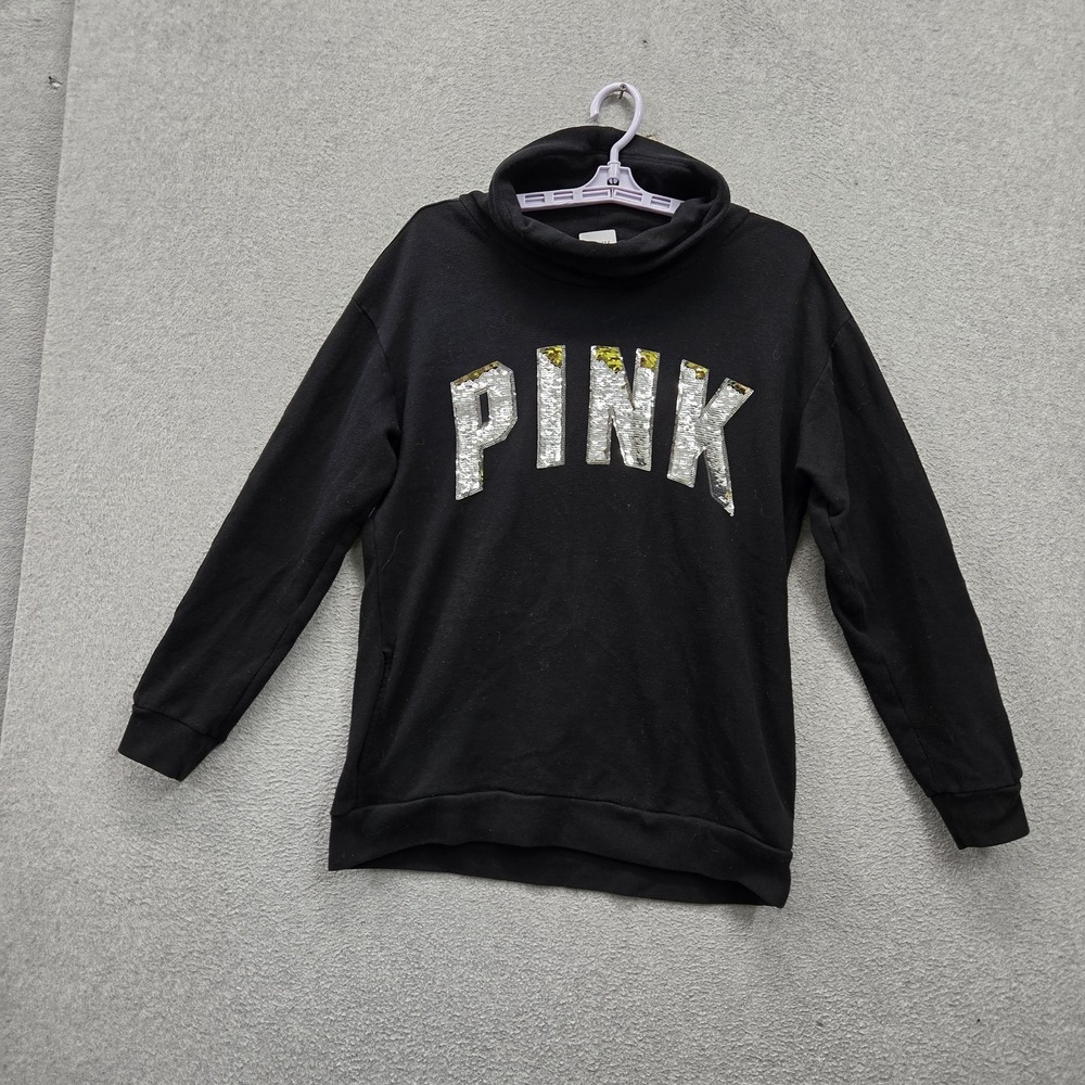 PINK Victoria's Secret Women Sweatshirt S Black Fleece Logo Spellout Sequin